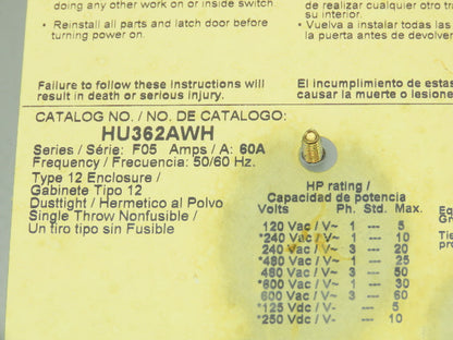 Square D HU362AWH Non-Fusible Safety Disconnect Switch 60A 60HP 600V Nema 12