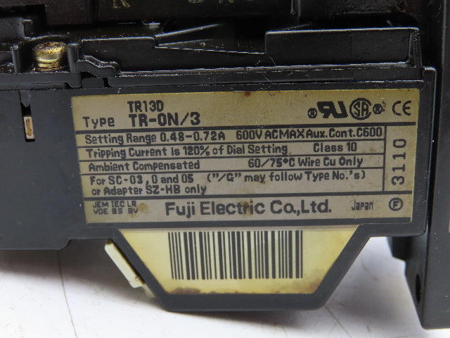 Fuji Electric TR-0N/3 Thermal Overload Relay 0.48-0.72A 600VAC Lot of 5
