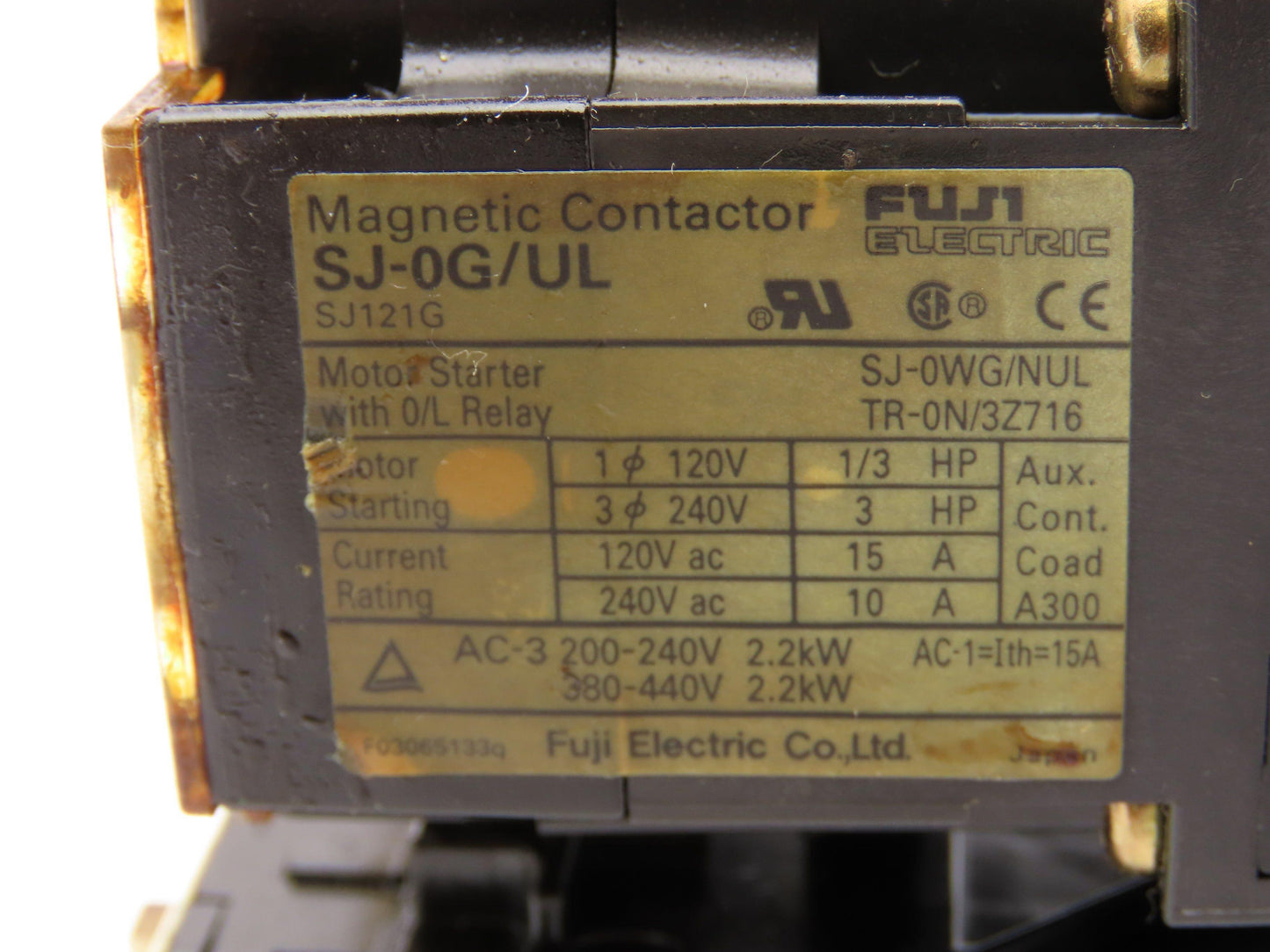 Fuji Electric SJ-0G/UL Magnetic Contactor W/Overload Relay 0.64-0.96A Lot of 2