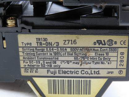 Fuji Electric SJ-0G/UL Magnetic Contactor W/Overload Relay 0.64-0.96A Lot of 2