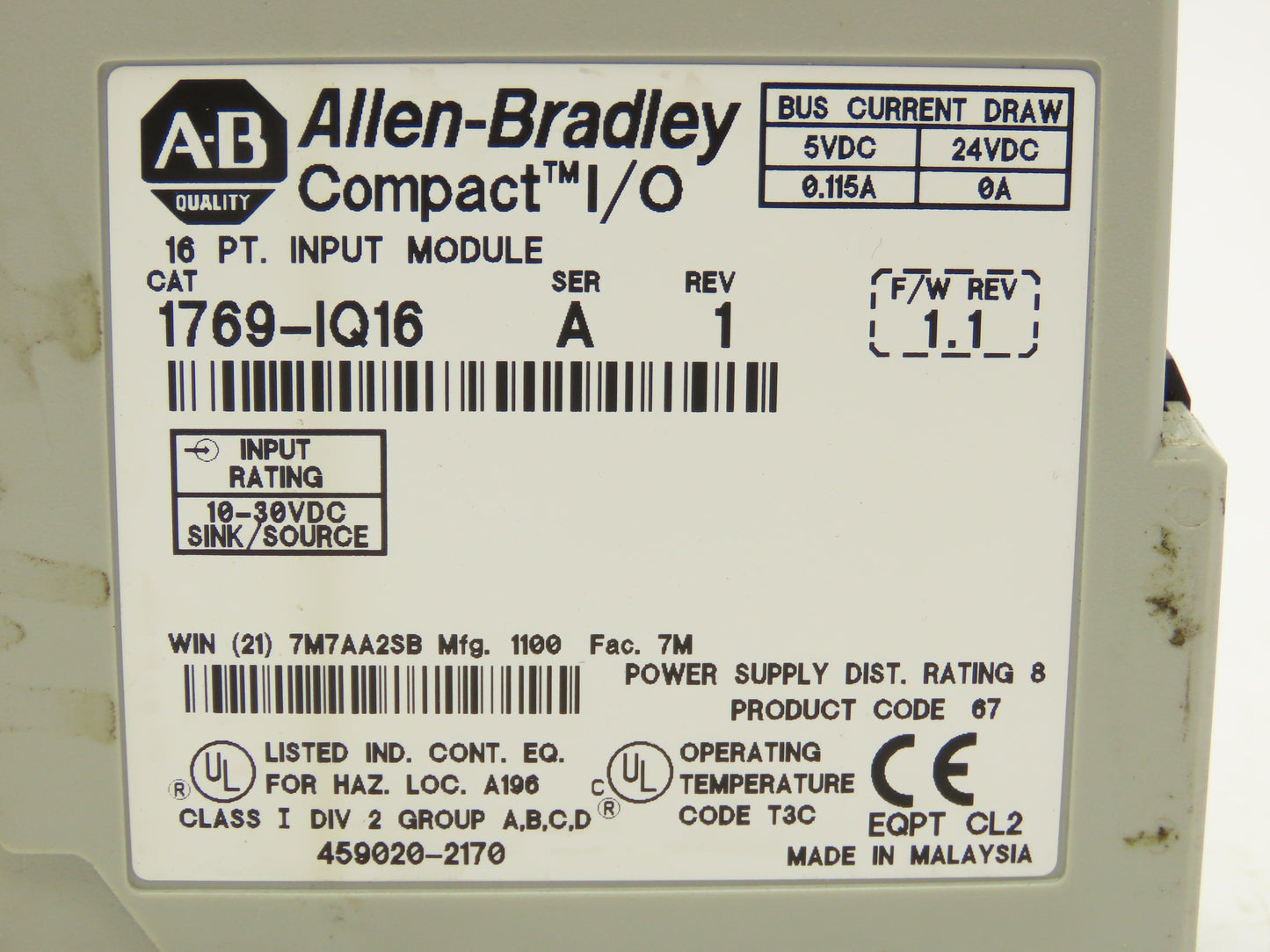 Allen-Bradley 1769-IQ16 Compact I/O Input Module 24VDC 0.115A Ser.A