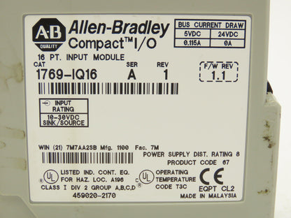 Allen-Bradley 1769-IQ16 Compact I/O Input Module 24VDC 0.115A Ser.A