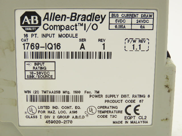 Allen-Bradley 1769-IQ16 Compact I/O Input Module 24VDC 0.115A Ser.A