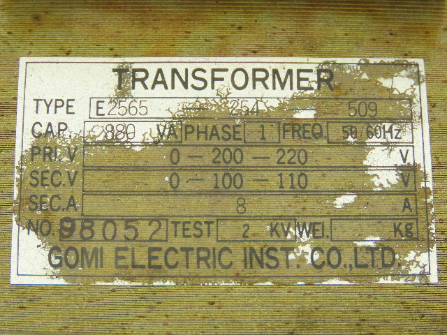 Gomi Electric E2565-254-509 Power Transformer 880VA 1PH 220V