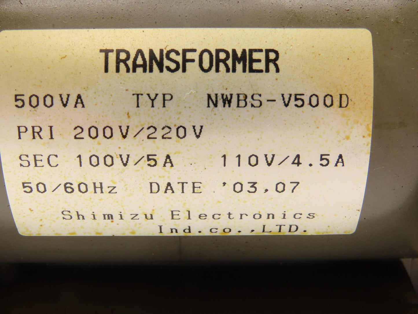Shimizu Electronics NWBS-V500D Transformer 200/220V Pri 100/110 Sec 500VA