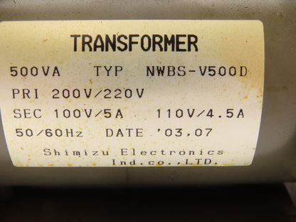 Shimizu Electronics NWBS-V500D Transformer 200/220V Pri 100/110 Sec 500VA