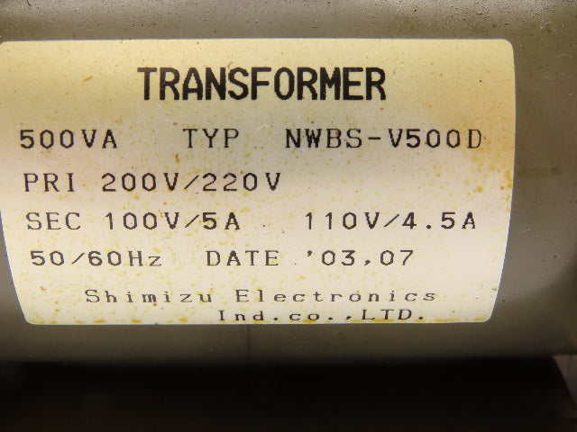 Shimizu Electronics NWBS-V500D Transformer 200/220V Pri 100/110 Sec 500VA