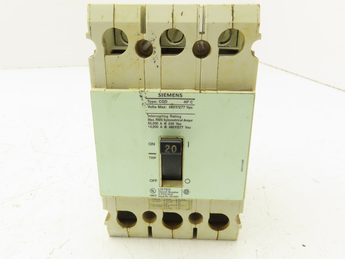 Siemens CQD320 Circuit Breaker 3 Pole 20A 480Y/277 VAC
