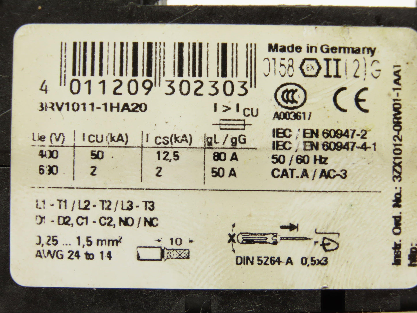 Siemens 3RV1011-1HA20 Motor Protection Circuit Breaker 690VAC 8A 2Ka 3PH