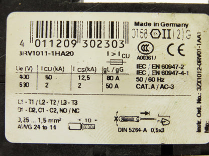 Siemens 3RV1011-1HA20 Motor Protection Circuit Breaker 690VAC 8A 2Ka 3PH