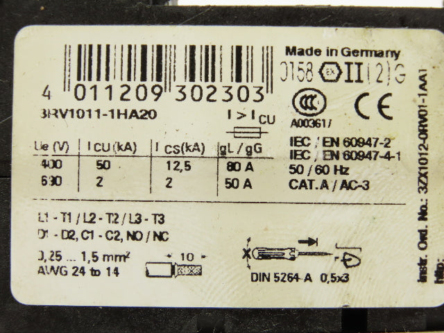 Siemens 3RV1011-1HA20 Motor Protection Circuit Breaker 690VAC 8A 2Ka 3PH