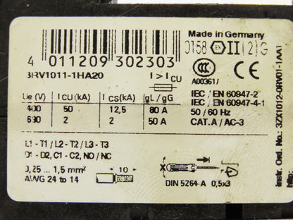 Siemens 3RV1011-1HA20 Motor Protection Circuit Breaker 690VAC 8A 2Ka 3PH