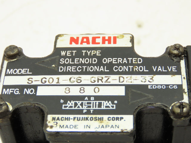 Nachi S-G01-C6-GRZ-D2-33 Hydraulic Directional Control Solenoid Valve 24VDC D03