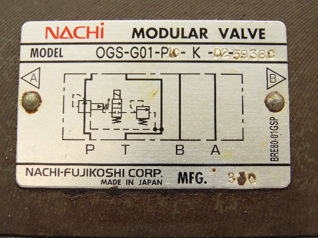 Nachi OGS-G01-P1C-K-D2-5938C Hydraulic 2-Pressure Reducing Modular Valve 24VDC