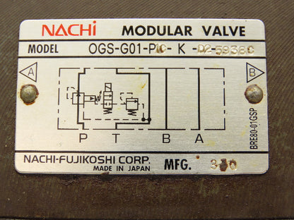 Nachi OGS-G01-P1C-K-D2-5938C Hydraulic 2-Pressure Reducing Modular Valve 24VDC