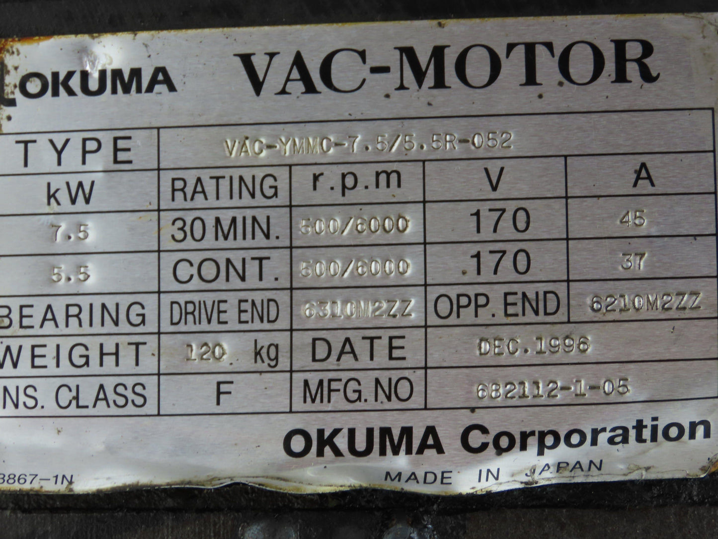 Okuma VAC-YMMC-7.5/5.5R-052 CNC Lathe AC Servo Spindle Motor 10Hp