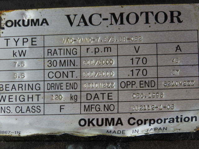Okuma VAC-YMMC-7.5/5.5R-052 CNC Lathe AC Servo Spindle Motor 10Hp