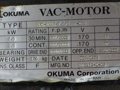 Okuma VAC-YMMC-7.5/5.5R-052 CNC Lathe AC Servo Spindle Motor 10Hp