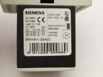 Siemens 3RH1140-2BB40 Auxiliary Contactor 600VAC 10A Lot Of 6