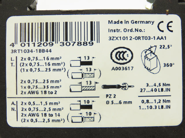 Siemens 3RT1034-1BB44 Contactor 24VDC AC-3 32 A 15kW 400V 2NO 2NC 3 Pole