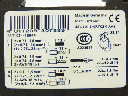 Siemens 3RT1034-1BB44 Contactor 24VDC AC-3 32 A 15kW 400V 2NO 2NC 3 Pole