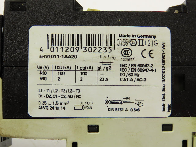 Siemens 3RV1011-1AA20 Circuit Breaker With Contactor 690V 1.1-1.6A 3 Pole