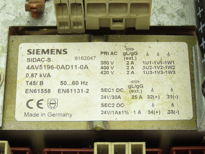 Siemens 4AV5196-0AD11-0A Power Supply 380-420VAC 0.87 KVA 2A 3PH 50/60Hz