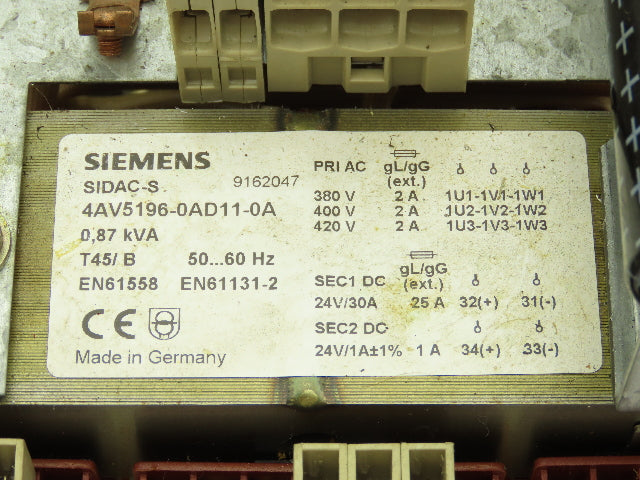 Siemens 4AV5196-0AD11-0A Power Supply 380-420VAC 0.87 KVA 2A 3PH 50/60Hz