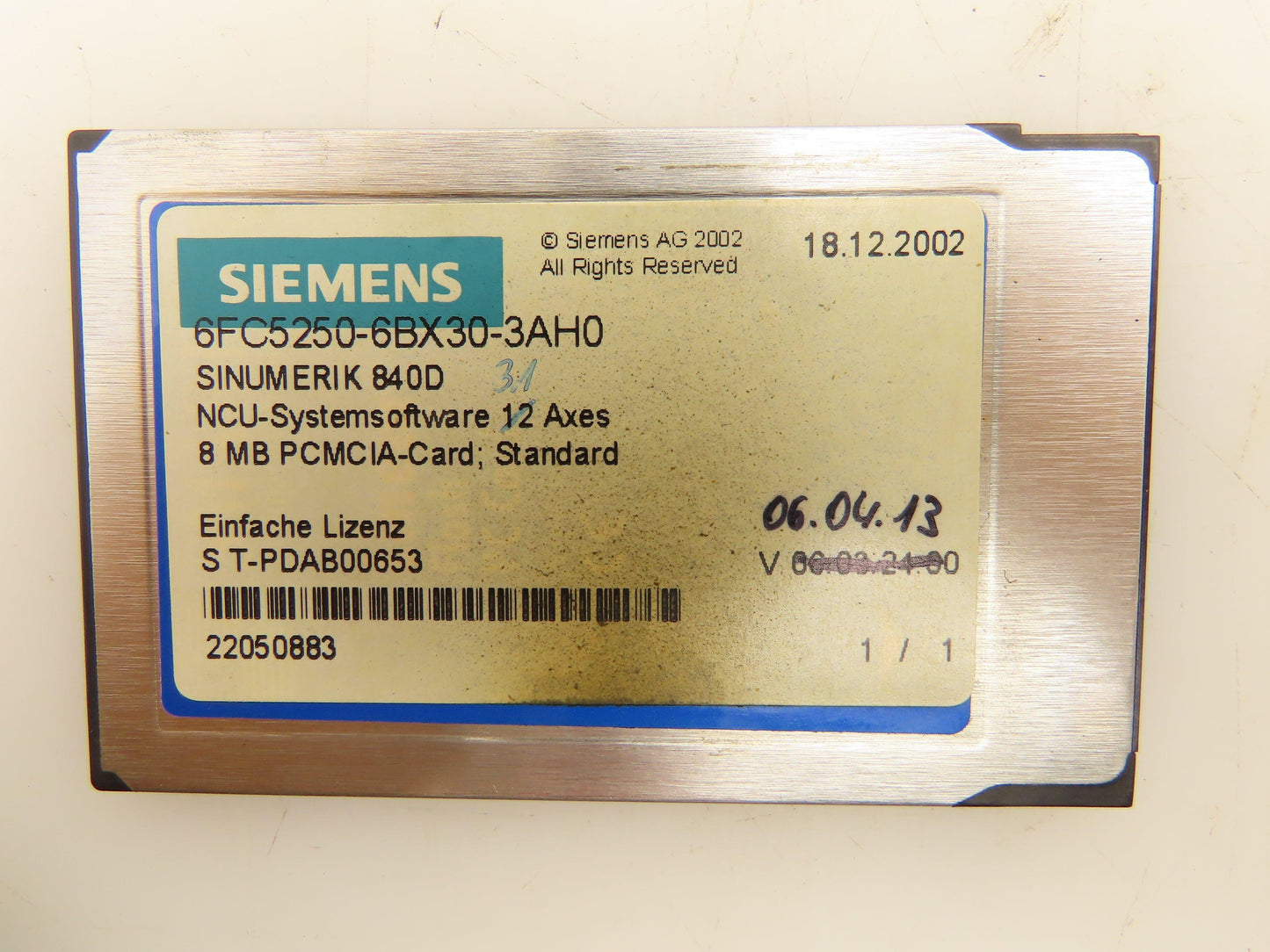 Siemens 6FC5250-6BX30-3AH0 Sinumerik 840D NCU Software PC Memory Card 8MB