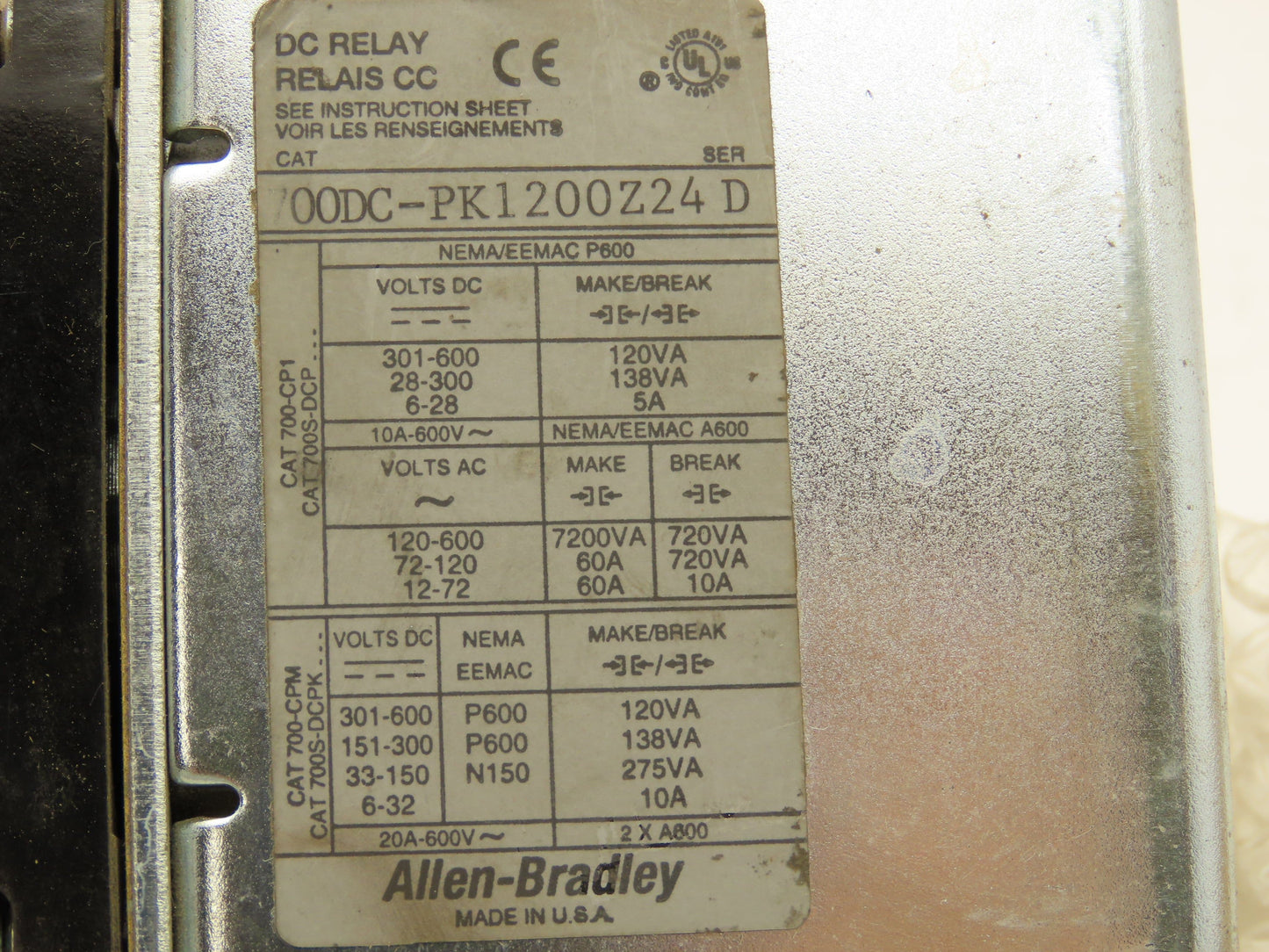Allen-Bradley 700DC-PK1200Z24 Control Relay 12 N.O. 24VDC Coil 600V Max Ser. D