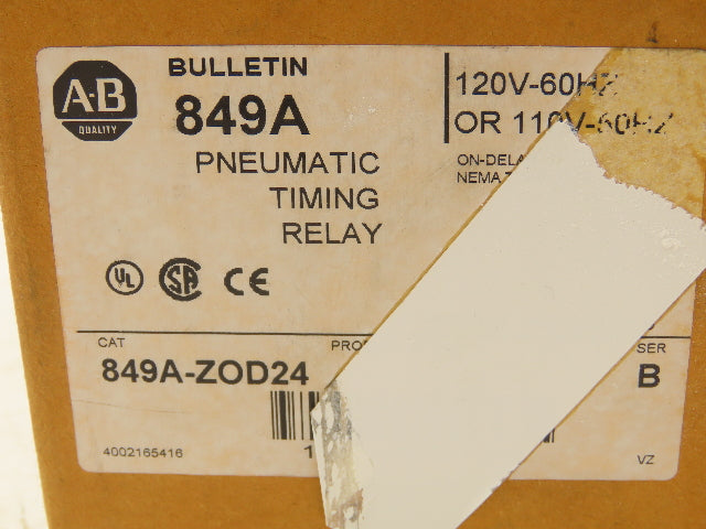 Allen Bradley 849A-Z0D24 Pneumatic Timing Relay 120-600VAC 60A Nema A600 Ser.B