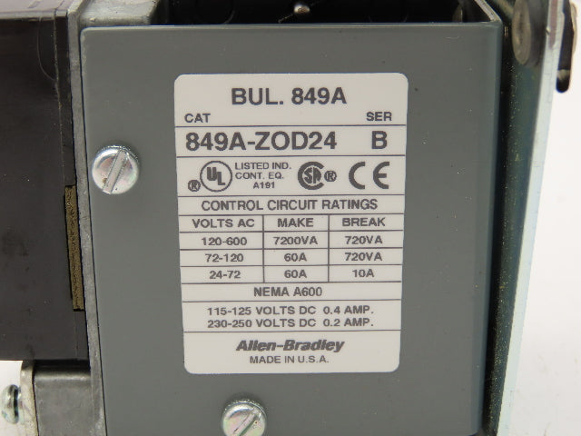 Allen Bradley 849A-Z0D24 Pneumatic Timing Relay 120-600VAC 60A Nema A600 Ser.B