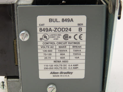 Allen Bradley 849A-Z0D24 Pneumatic Timing Relay 120-600VAC 60A Nema A600 Ser.B