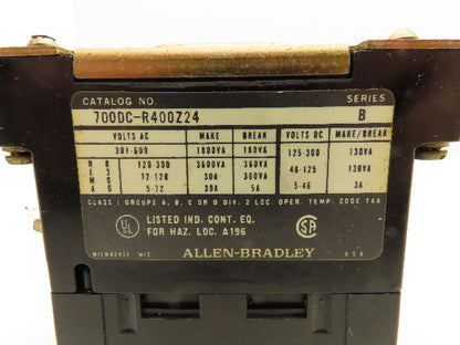 Allen Bradley 700DC-R400Z24 Switch Relay 4P 4NO Contacts 24VDC Coil Ser B Type R