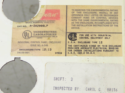 Hoffman A202008LP Electrical Box Enclosure Fused Disconnect Rotary Switch