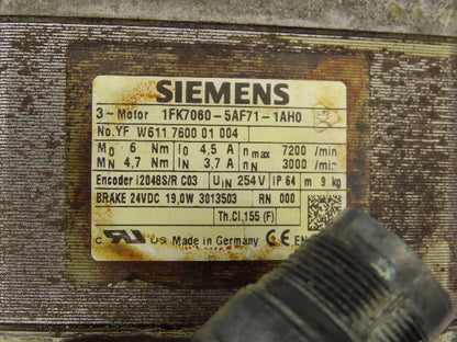 Siemens 1FK7060-5AF71-1AH0 AC Servo Motor 3PH 6Nm 4.5A 7200 RPM