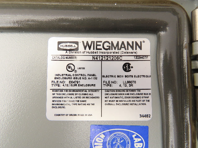 Wiegmann N412121206C Electrical Enclosure 12x12x6" Hinged Door Nema 3R