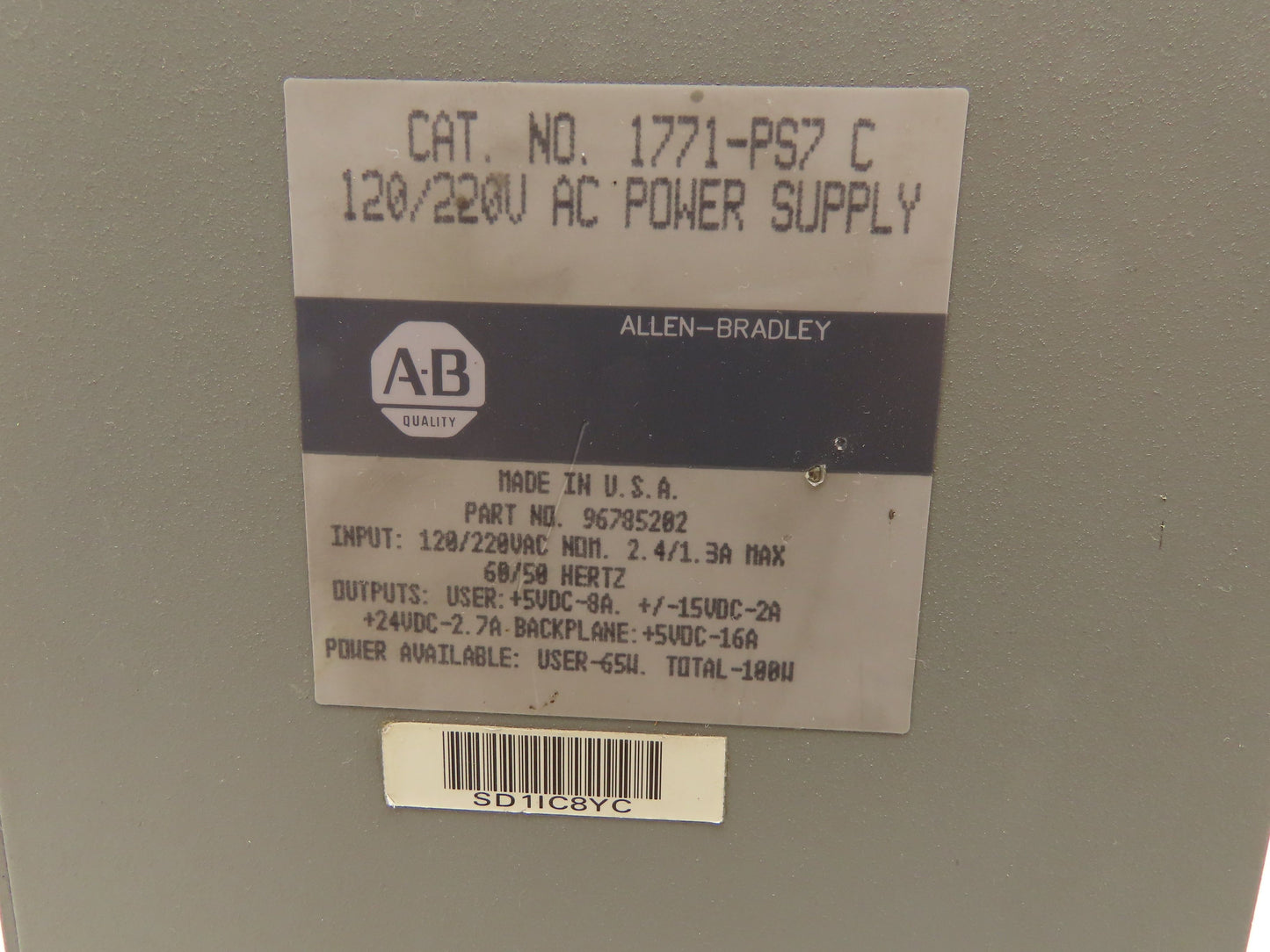 Allen Bradley 1771-PS7 Power Supply Module 120-220VAC Series C