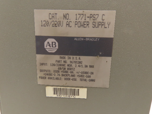 Allen Bradley 1771-PS7 Power Supply Module 120-220VAC Series C