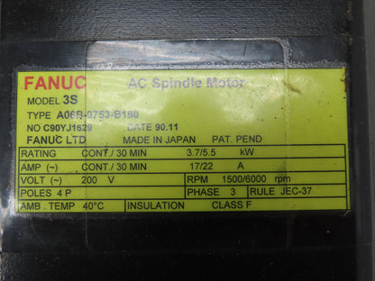 Fanuc A06B-0753-B190 AC Spindle Servo Motor 200V 6000 RPM 3PH 22A 5.5 kW