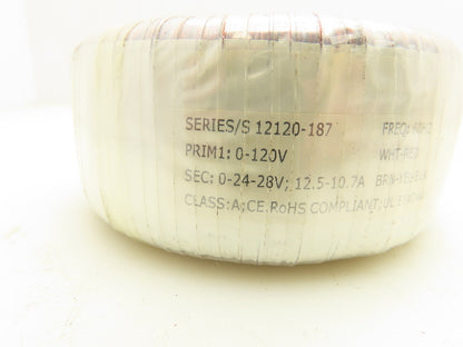 Toroidal S12120-187 Transformer 120V Primary 24-28V Secondary 12.5-10.7A Class C