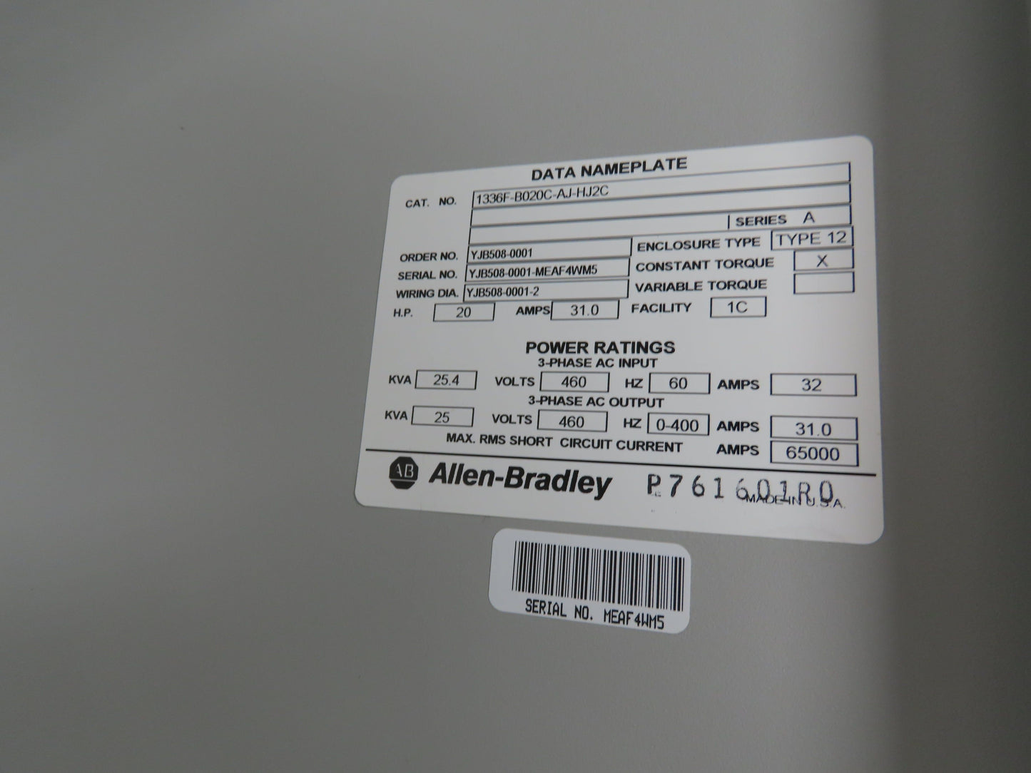 Allen Bradley 1336 PLUS Enclosed VFD AC Drive 20HP 460V