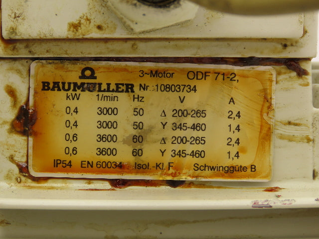 Baumuller ODF 71-2 Squirrel Cage Air Blower 3PH Motor 3600 RPM 230 Delta 460 WYE