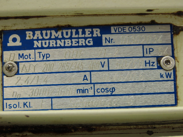 Baumuller ODF 71-2 Squirrel Cage Air Blower 3PH Motor 3600 RPM 230 Delta 460 WYE