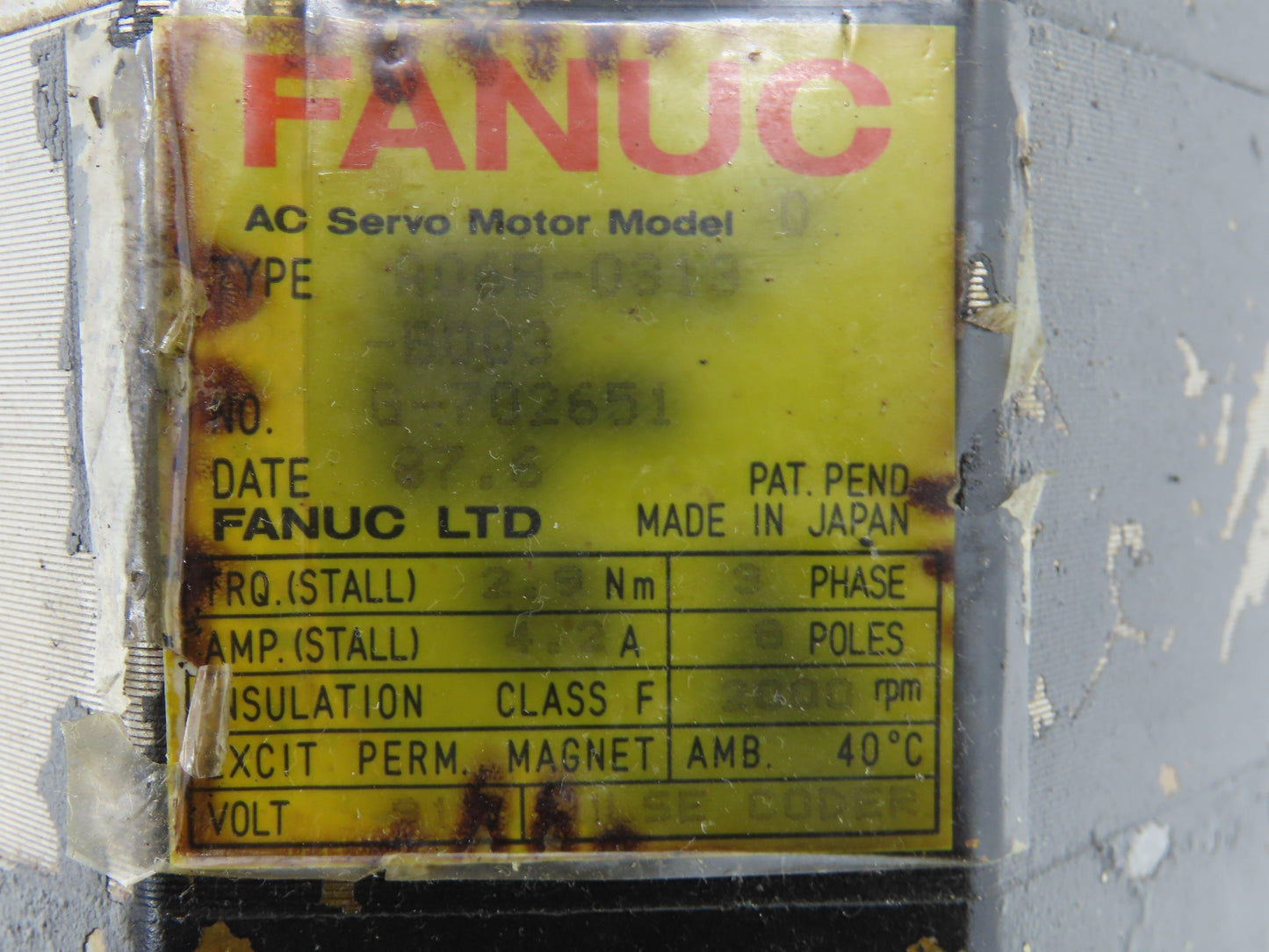 Fanuc A06B-0313-B003 AC Servo Motor 91V 3PH 2000 RPM Encoder A860-0304-T113