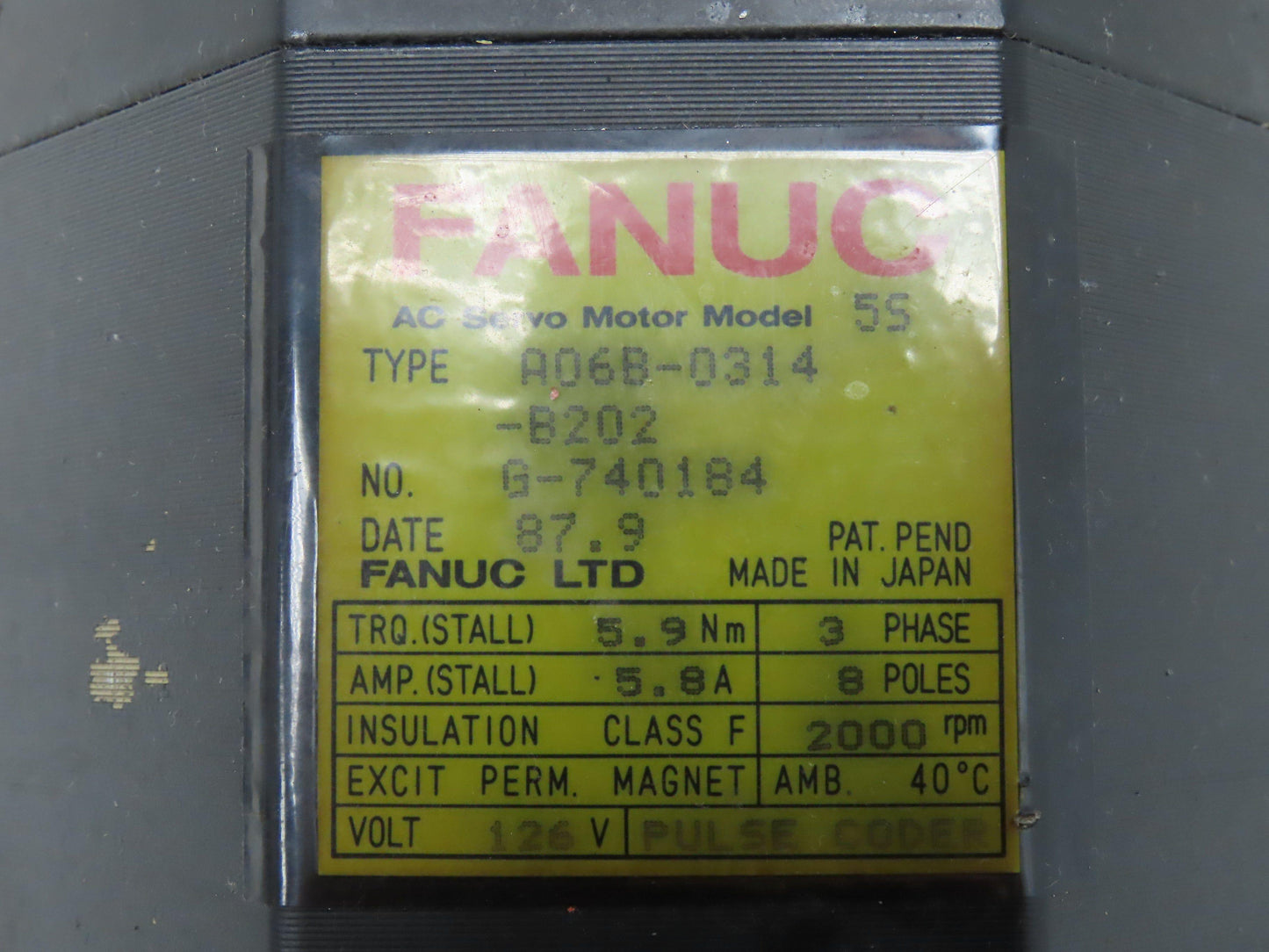 Fanuc A06B-0314-B202 AC Servo Motor 126V 3PH 2000 RPM Encoder A860-0304-T112