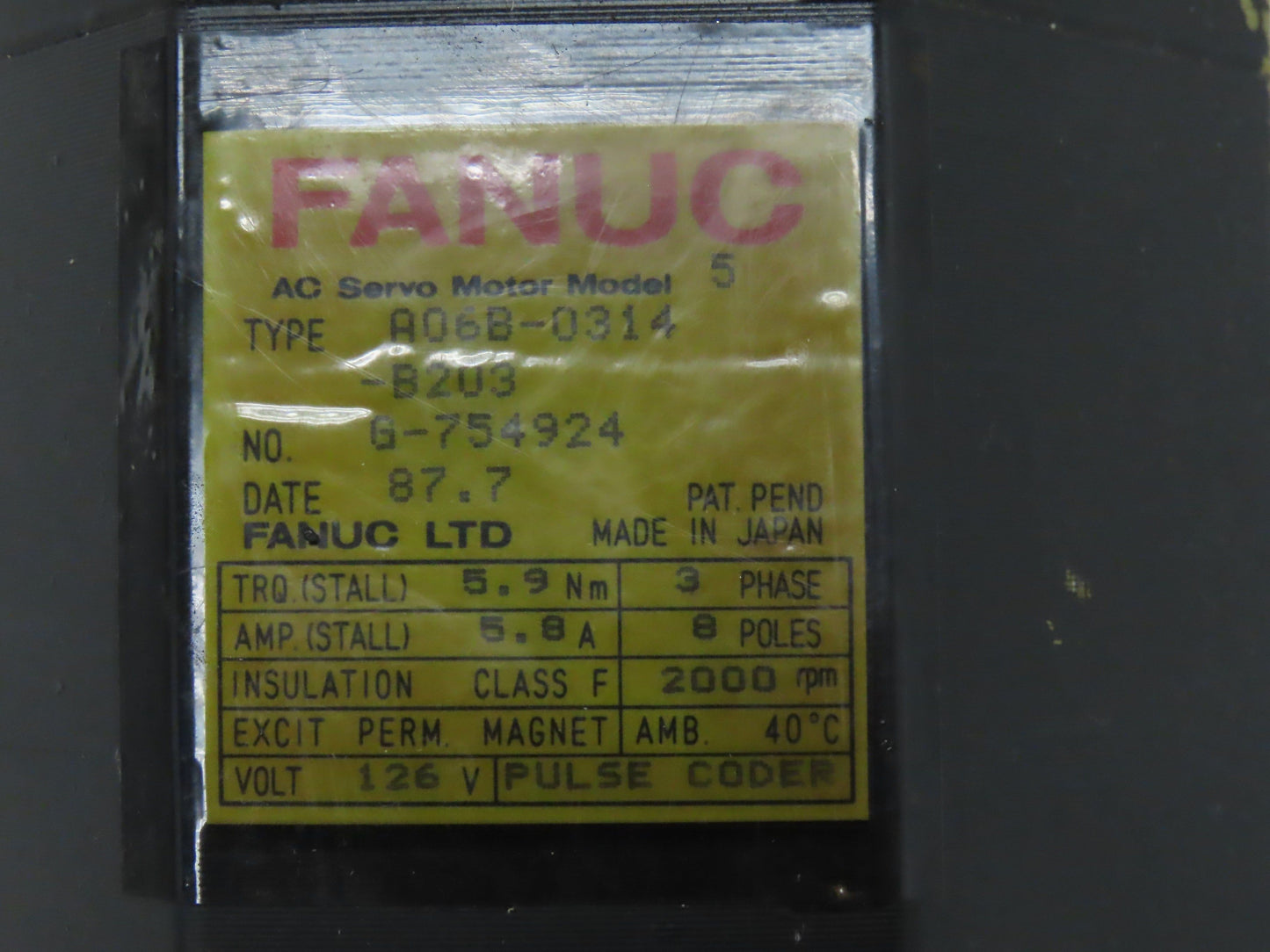 Fanuc A06B-0314-B203 Model 5 AC Servo Motor 126V 2000 RPM Encoder A860-0304-T113