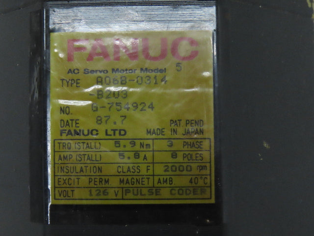 Fanuc A06B-0314-B203 Model 5 AC Servo Motor 126V 2000 RPM Encoder A860-0304-T113