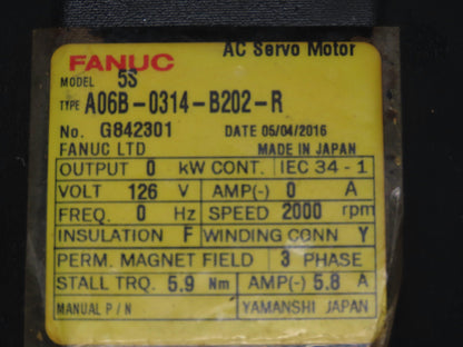 Fanuc A06B-0314-B202-R 5S AC Servo Motor 126V 2000 RPM Encoder A290-0561-V502