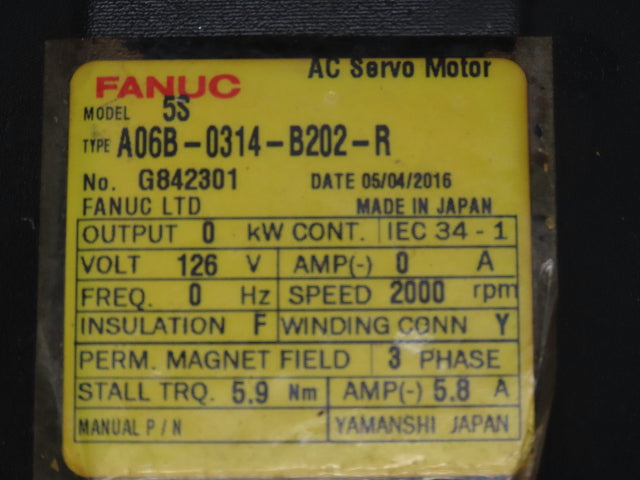Fanuc A06B-0314-B202-R 5S AC Servo Motor 126V 2000 RPM Encoder A290-0561-V502
